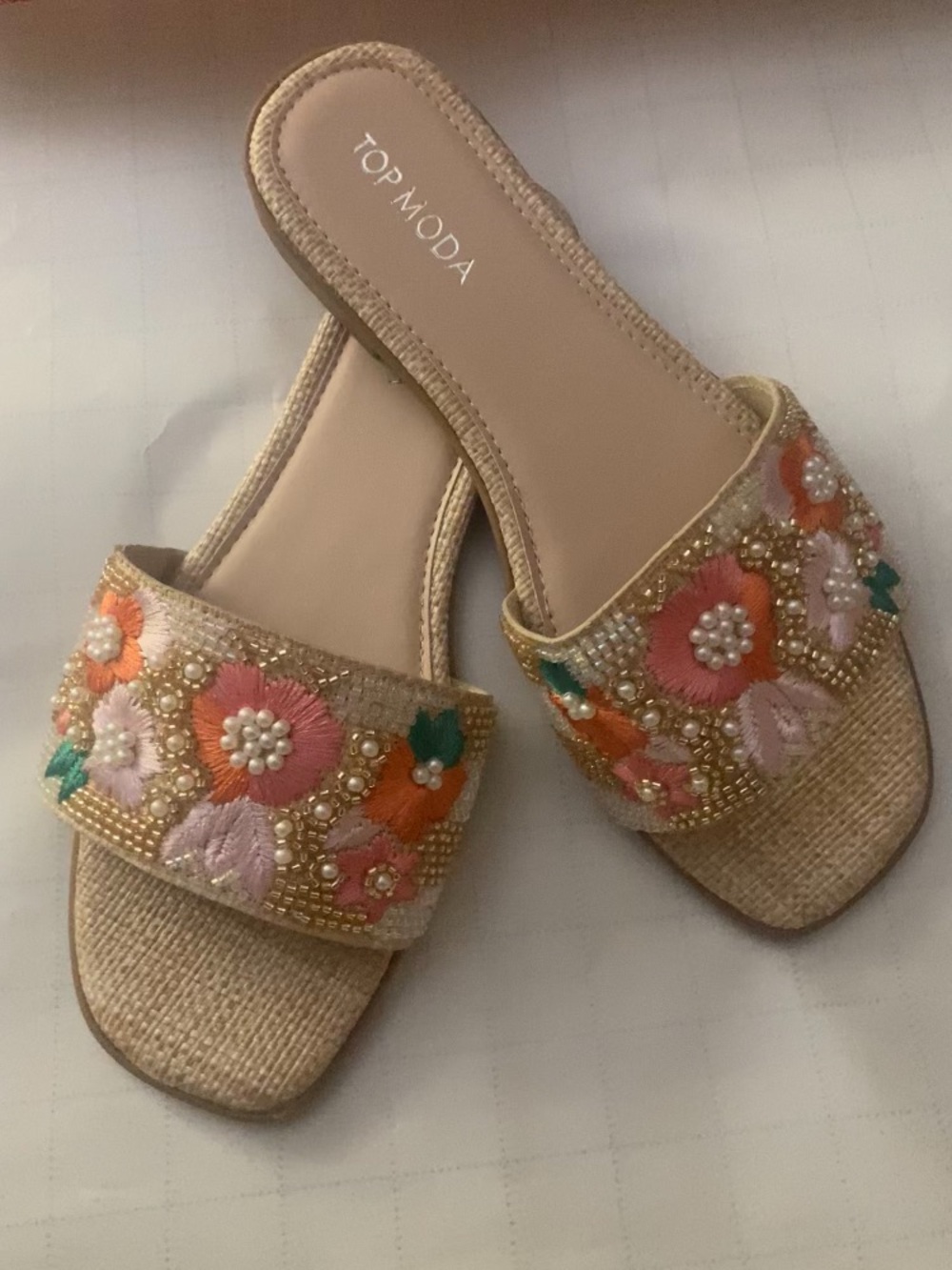 NWOT - TOP Moda Beige Embroidered Floral Slide Mules with Bead Accents